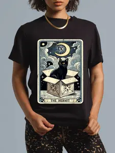 Women's Funny Graphic T-Shirt featuring The Hermit Tarot Card Cat, Casual 100% Cotton Short Sleeve Streetwear Top