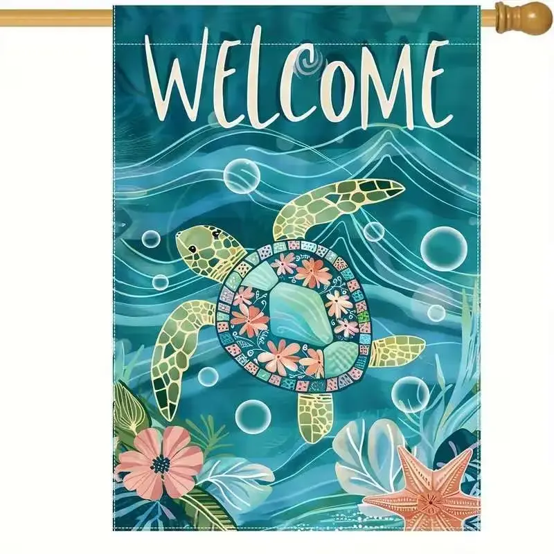 Welcome Sea Turtle Garden Flag Tropical Ocean Wave Floral Turtle Starfish Hibiscus Underwater Design Waterproof Summer Coastal Yard Flag Beach House Nautical Cottagecore Outdoor Decor for Lawn Patio Front Porch