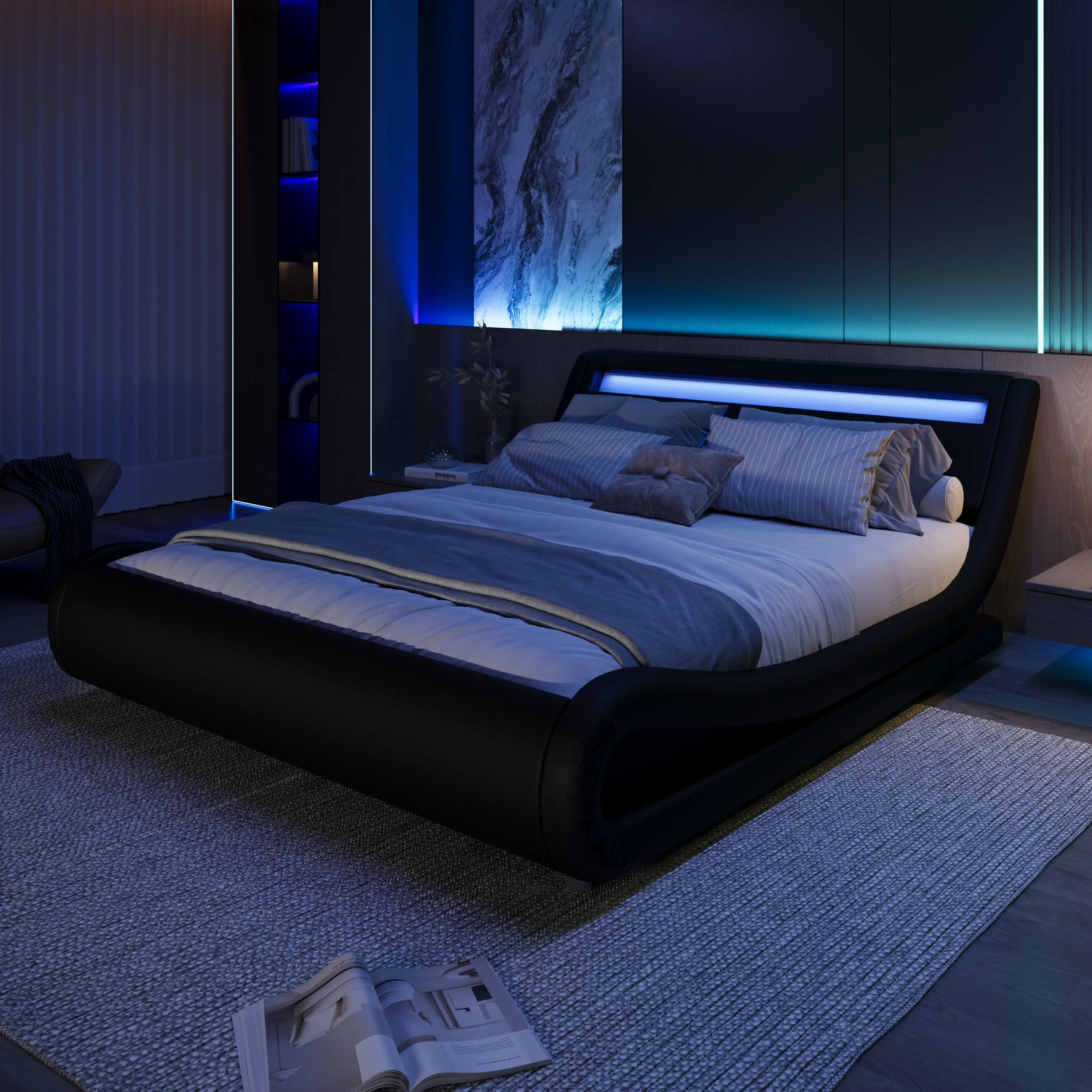 MUTICOR LED Lights Bed Frame with Faux Leather【Frame Only No Mattress】Sleigh Upholstered Low Platform Bed Frame Solid Wood Slats,No Box Spring Needed,#TikTokShopDealsforYouDays#DealsforYouDays#Summervibes#Summergarden
