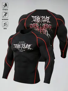 Men's Dark Aesthetic Compression Shirt, Quick Dry Moisture Wicking Long Sleeve Rash Guard with Gothic Graphic Print & Contrast Red Stitching, High Elastic Athletic Baselayer for Gym Workouts, Running, Cycling, Gym Apparel, Gymwear