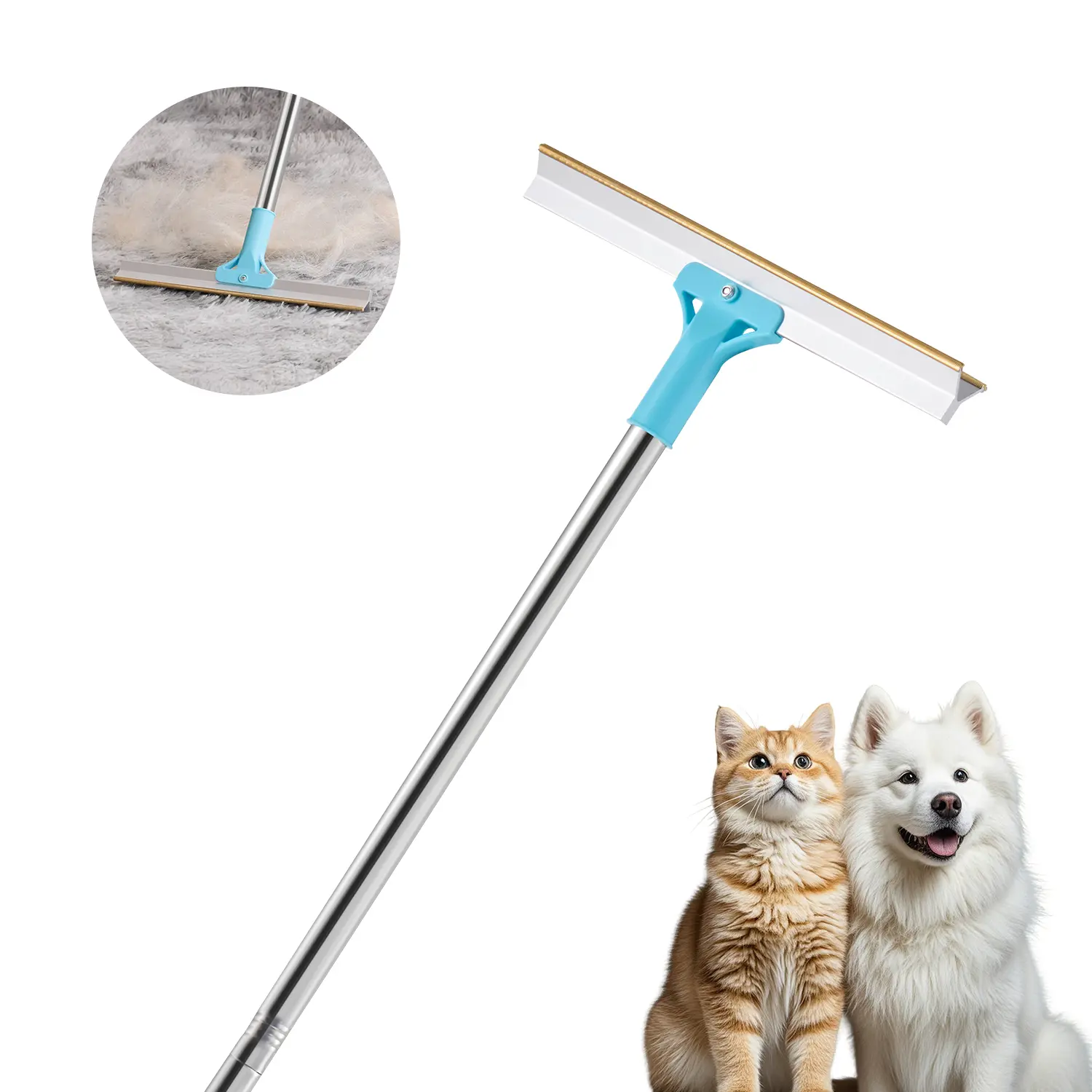 VEVOR Pet Hair Carpet Rake Brush, Adjustable 3-Section Handle (35.83-55.51 in), Copper Bristles Reusable Lint Remover Scraper, Multi-Use for Carpet Rugs Sofa to Car Seats, Hooks for Wall Hang, Ideal for Small Spaces Dog Cat Fur Cleaning, Press-And-Push Sa