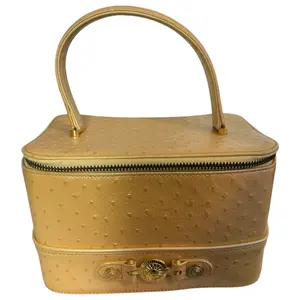 Pre-owned VERSACE Leather Tote Bags GIANNI Vintage Logo Sun Vanity Bag Yellow Gold Zip Mirror #1312