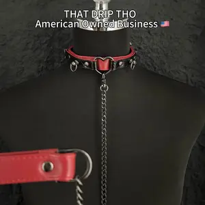 ThatDripTho Dark Rose & Black Leather Choker with Heart O-Ring & Matching Leash Set - Premium Real Leather Adjustable Belt-Style Buckle & Sturdy Metal Hardware