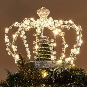 Christmas Jeweled Crown Tree Topper, Light up Tree Topper with 60 Warm White Lights, Large Christmas Topper Unique with Multifunction Controller, Metal Xmas Topper Decorations for Tree, Plug in