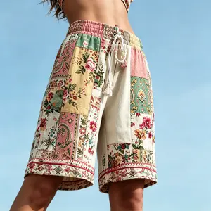 Unisex No Pocket Boho Floral Patchwork Beach Shorts for Men and Women Summer