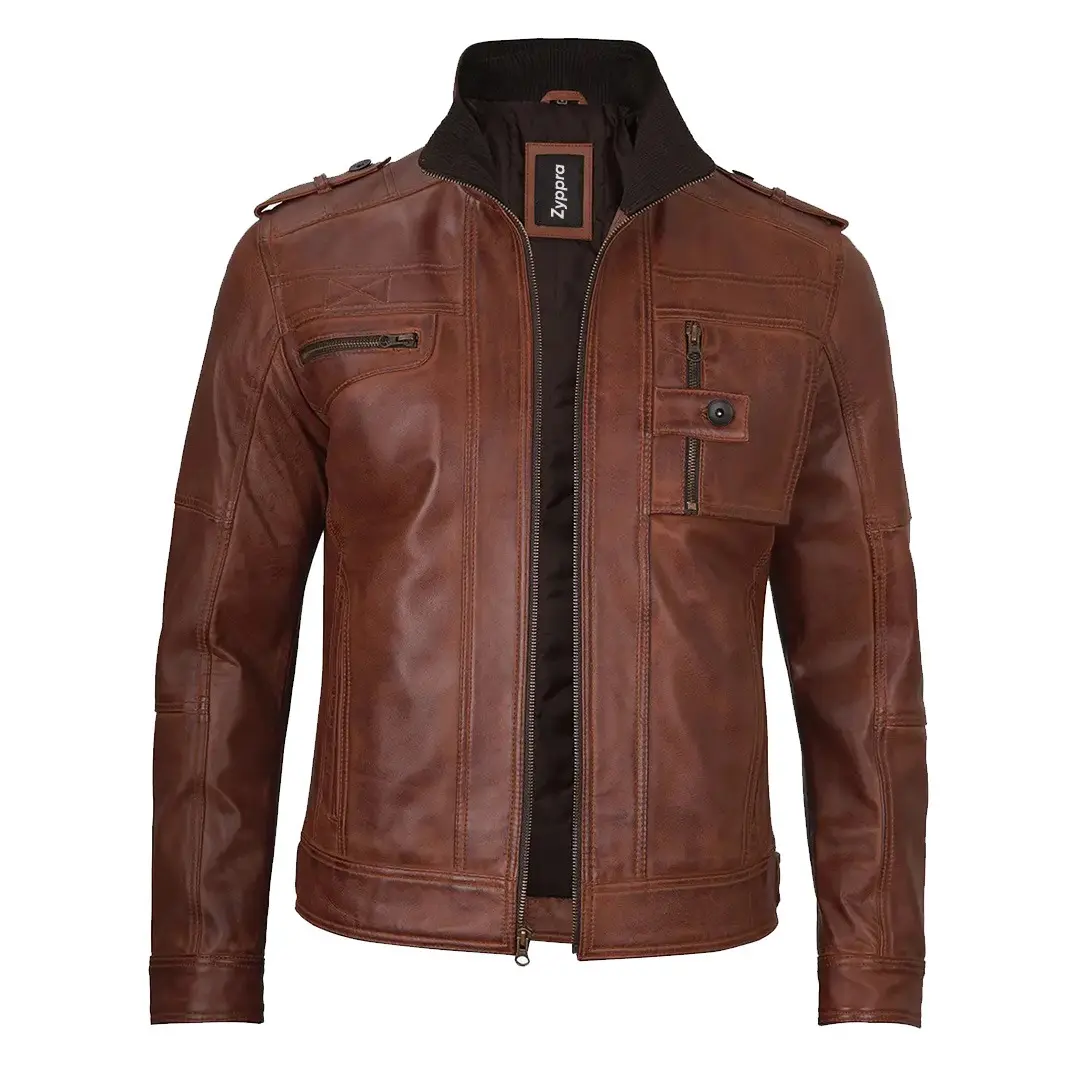 Men's Cognac Waxed Biker Leather Jacket – Rugged & Premium Motorcycle Outerwear