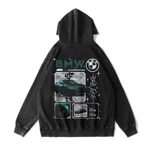 380g Autumn & Winter M4 B M W Cars Washed Hoodie - Basic Style Retro Street Fashion Printed Pullover Sweatshirt