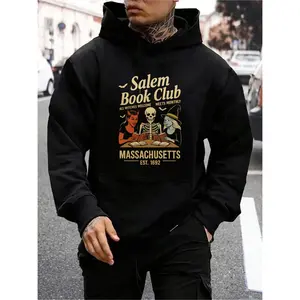 Men's Salem Witch Trials & Salem Book Graphic Hoodie - Gothic Massachusetts 1622 Print Streetwear Sweatshirt, Dark Green/Yellow Historical Design, Regular Fit Hooded for Halloween & Casual Wear
