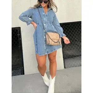 Midiross Washed Denim Puff Sleeve Mini Dress – Short-Length Collared Button Down with Ruffle Hem & Matte Silver Buttons - Casual Women's Fashion Pleats