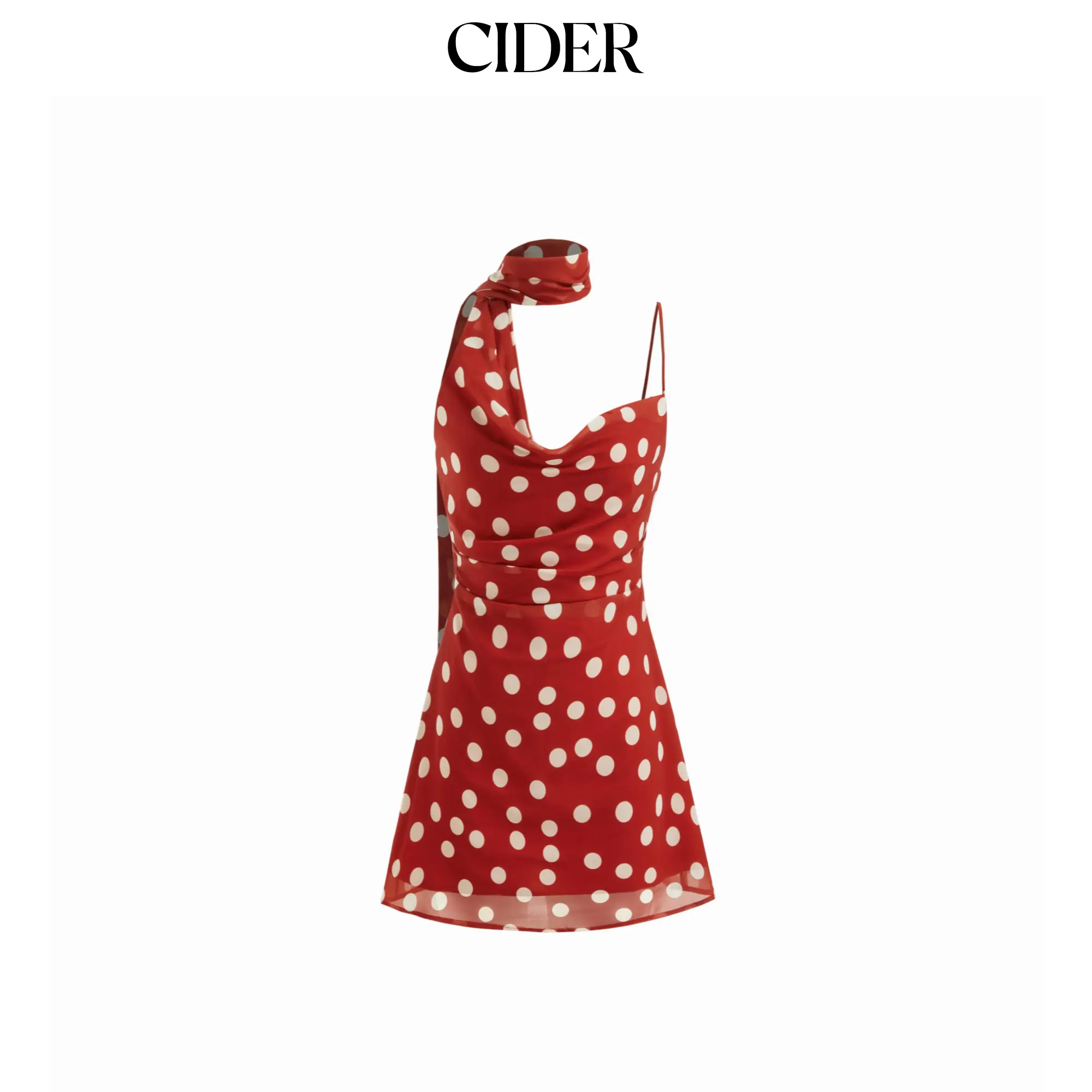 Cider Women's Polka Dot Chiffon A-line Dress, Casual Short Length Cami with Cowl Neck, Ruched Detail & Scarf, With Scarf, Mini, Lady, Going Out, Sleeveless, A Type, No