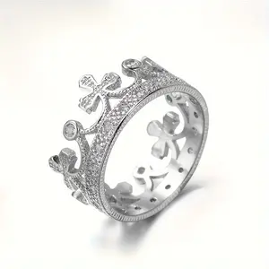 Autumn Winter White Crown Hollow Zircon Ring Fashionable Sophisticated Gift for Models Personalized Simple Round Shape Trendy Birthday Accessory Ring
