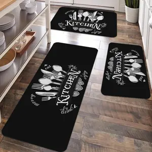 2/3pcs kitchen anti slip floor mat set, Washable vintage rug, Farmhouse Kitchen Rug, black and white tableware pattern decorative, flannel washable, suitable for kitchen, dining room, laundry room, room decoration