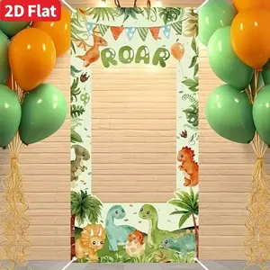 Dinosaur Polyester Fiber Frame Background Banner, Cartoon Roaring Dinosaur Theme Decor, First Birthday Baptism Decoration