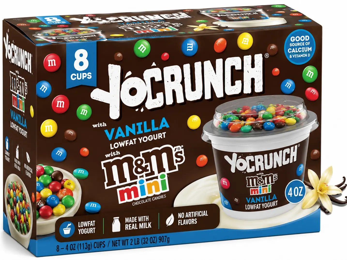 YoCrunch Vanilla Low Fat Yogurt with Mini M&M's, 4 oz Cups, 8 Count, Single Serve Yogurt Snacks