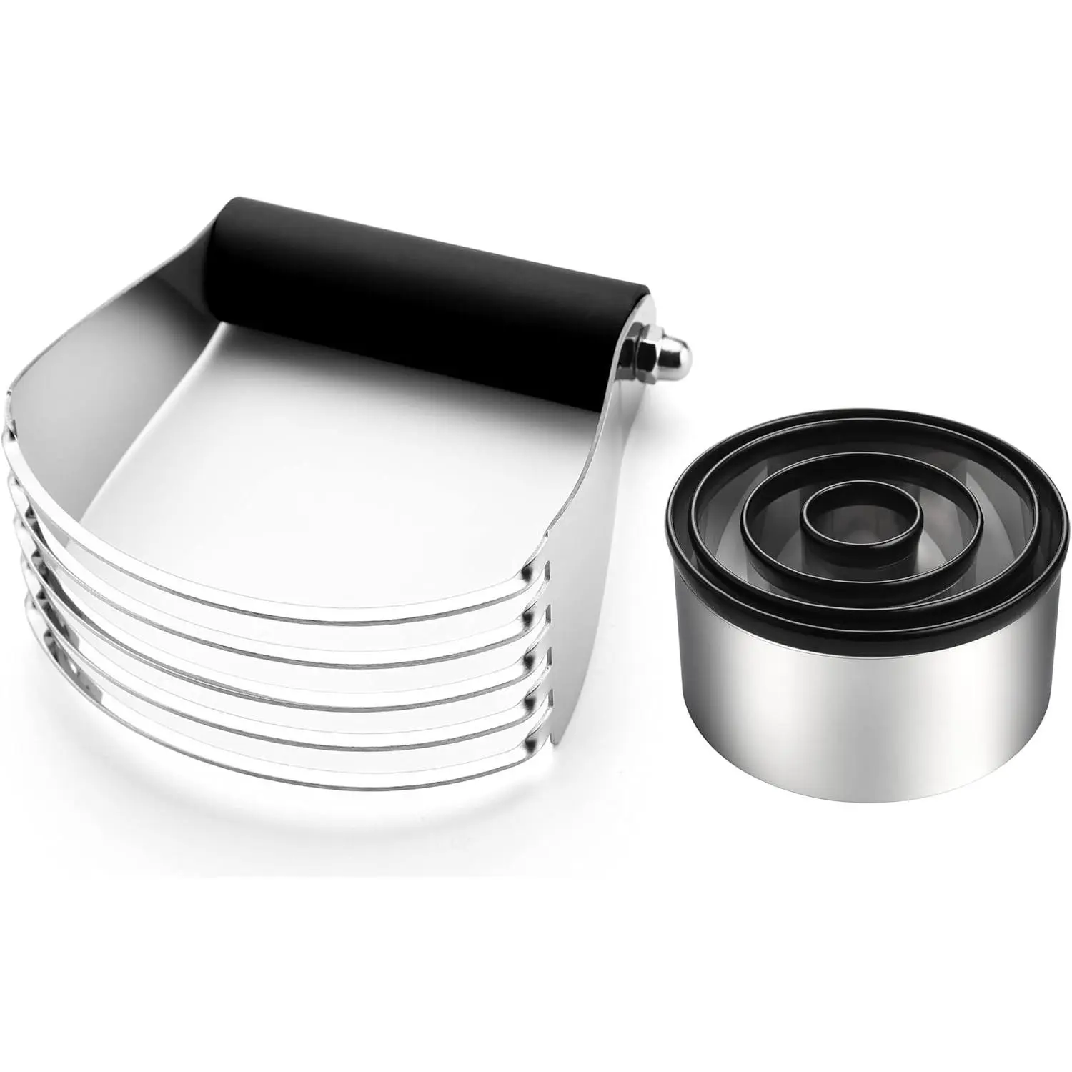 Stainless Steel Dough Blender & Biscuit Cutter Set for Baking | Heavy Duty Large Pastry Blender with Soft Grip Handle & Professional Cookie Cutter Set of 4, Dishwasher Safe, Black
