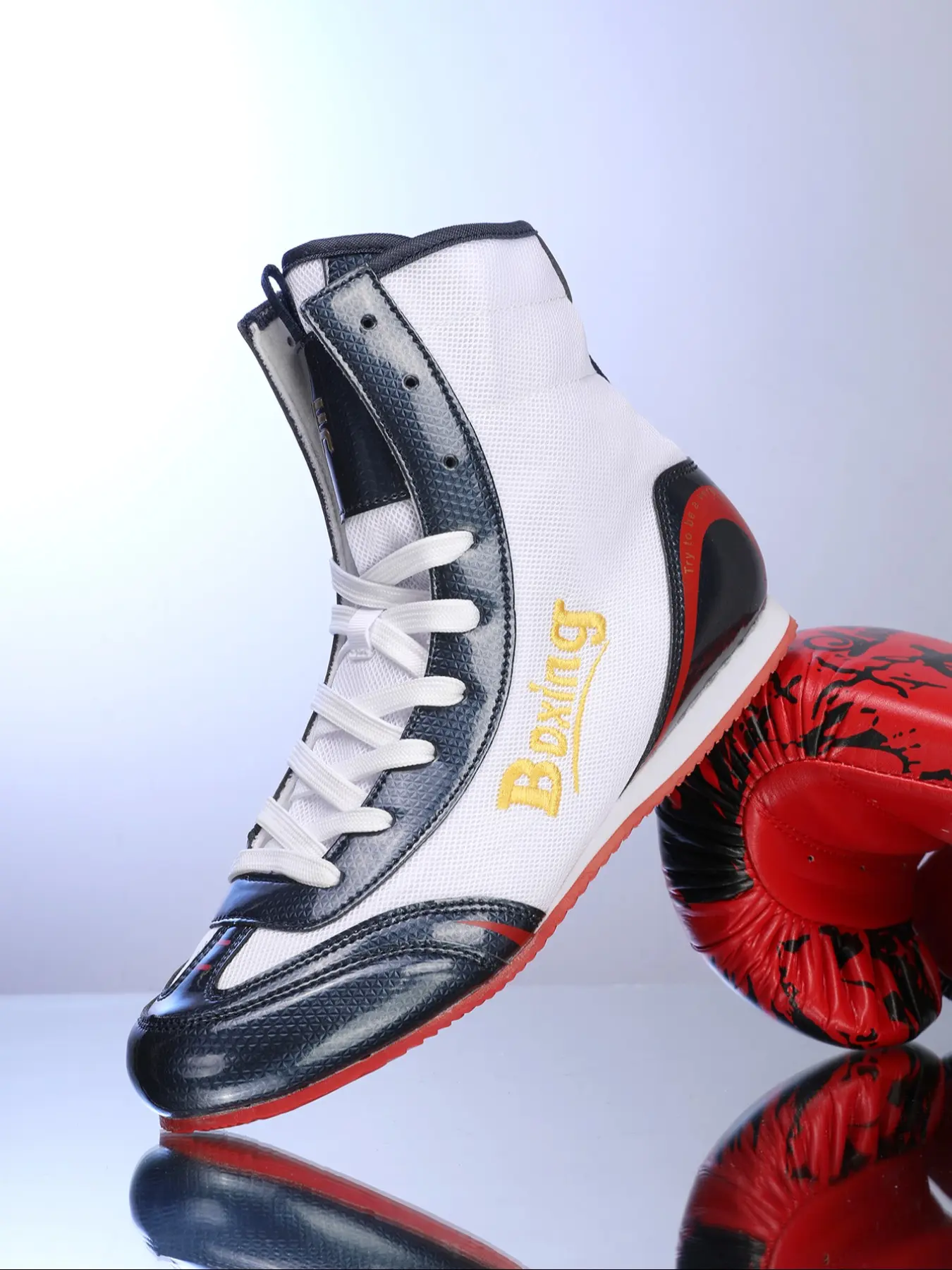 Unisex Professional Boxing Shoes, Breathable Mesh, High-Top Ankle Support, Anti-Slip Sole, Ideal for Training and Competitions