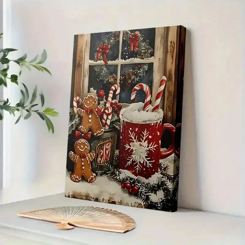 1 Piece Framed Canvas Art - Old Season Christmas Winter Scene with Gingerbread Man, Candy Cane and Hot Chocolate Cup - Snow Window Decoration - Wrapped Canvas - Ready-to-Hang Holiday Wall Art - Small to Large Size 11.75x15.7 to 11.8x 15.7inch - Suitable f