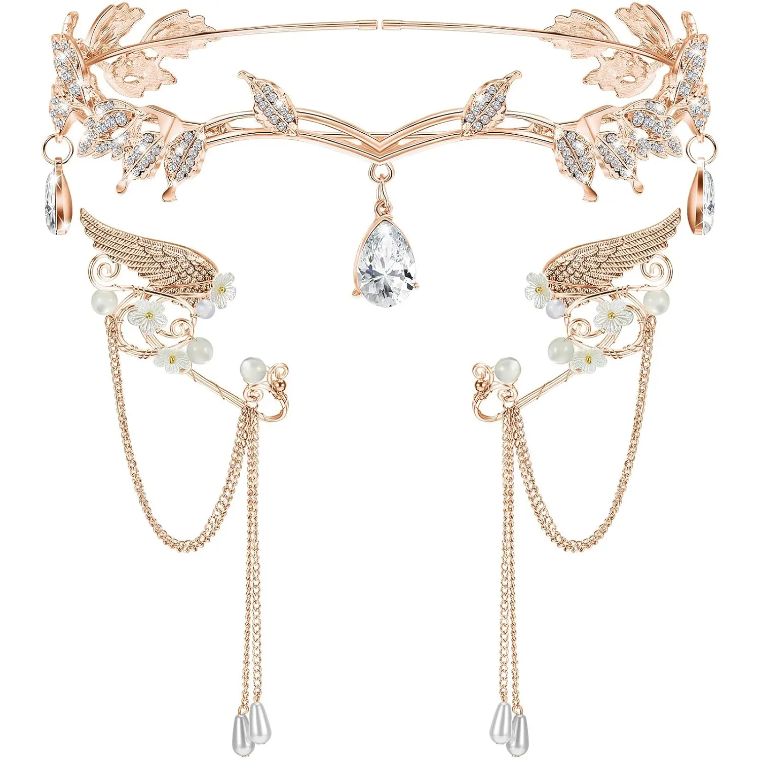 2026 3 Pcs Halloween Rhinestone Leaf Headband Metal Elf Ears Cuffs Fairy Costume Crown Cosplay Accessories for Women, Women Casual Clothing, Comfortable Daily Outfits, Trendy Street Fashion