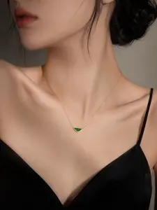 Women's Minimalist Green Triangle Pendant Necklace - Elegant Gold-Tone Fashion Costume Jewelry, Green Triangle Necklaces