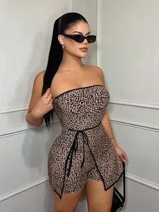 Leopard Jumpsuit Romper Strapless Tube Top Outfit for Women's Night Out High Stretch Knitted Fabric Belted Knot Detail Black