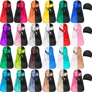 Satin Durags Set Includes 1 Satin Durag for Men Women Long Tail Headwraps with 1 Elastic Wave Cap