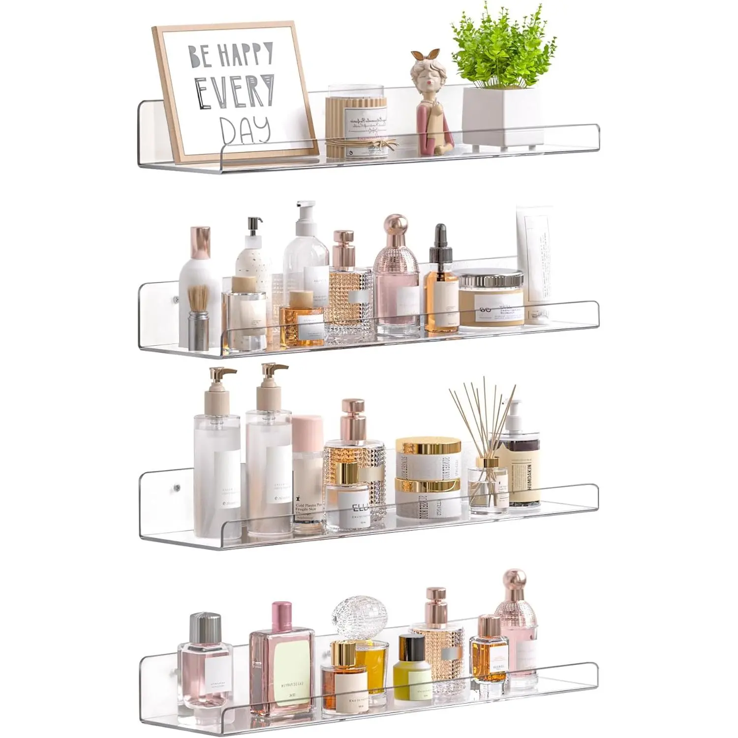 4 Pcs 15" Acrylic Shelves for Wall Storage and Organizer, Clear | Transparent Design Highlights Skincare, Perfume, Easy-to-Find Versatile Floating Shelves for Bathroom, Bedroom and Playroom