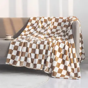 Throw Blankets Flannel Blanket with Checkerboard Grid Pattern Soft Throw Blanket for Couch, Bed, Sofa Luxurious Warm and Cozy for All Seasons (Khaki, 50"x60")