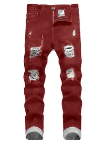 Trendy red ripped jeans, slim-fitting versatile stretch men's trousers