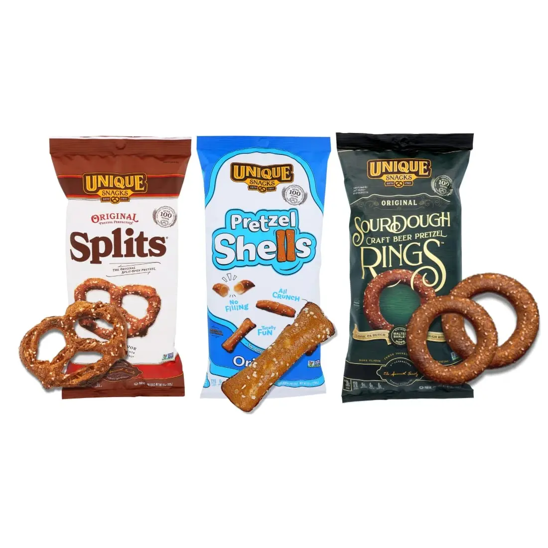 Unique Snacks Variety Pack with Original Splits Pretzels, Shells, and Sourdough Craft Beer Rings, Delicious Homestyle-Baked Snack Bags, Vegan, OU Kosher, and Non-GMO Food, Pack of 3 pretzels