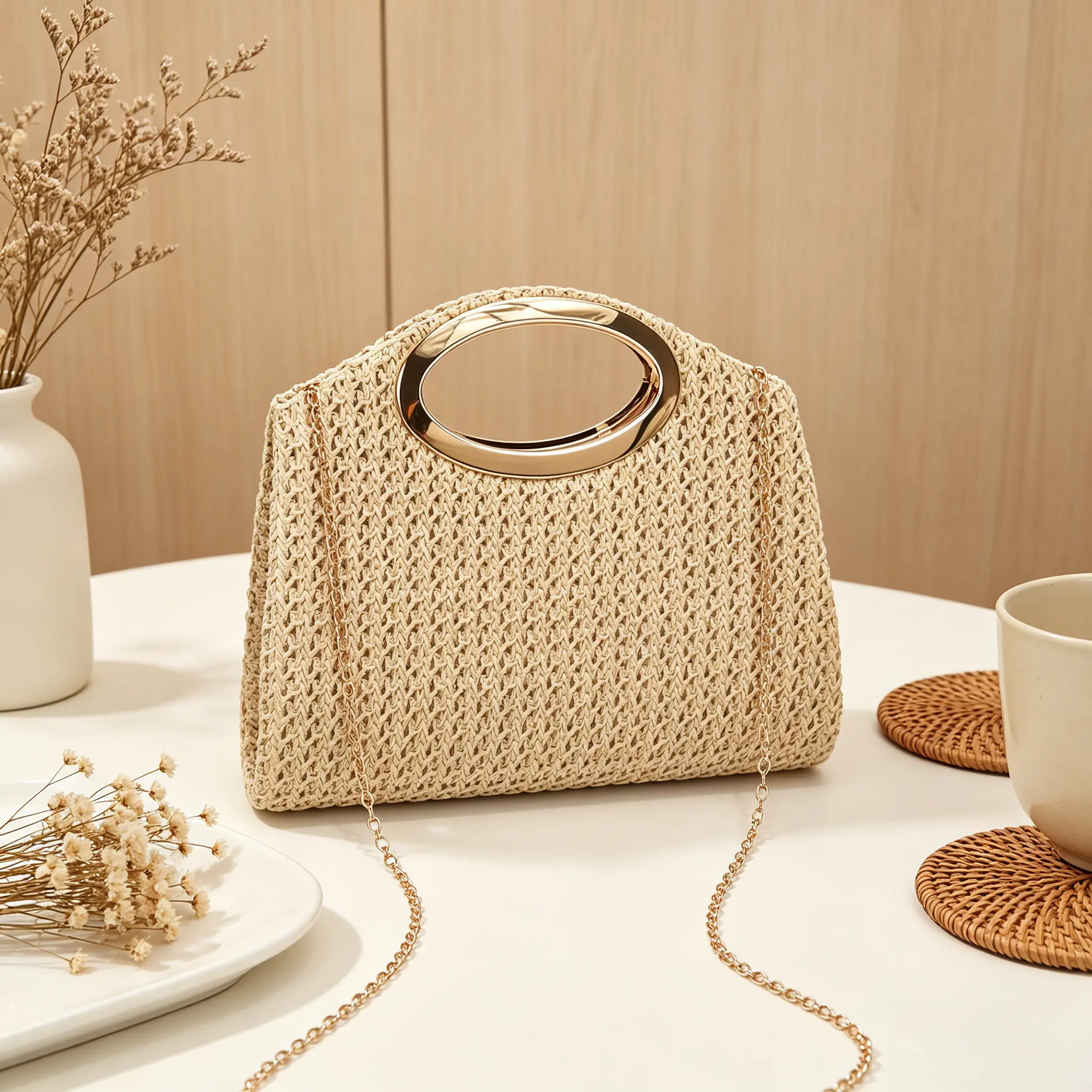 New straw woven bag, high-end square and round buckle hardware clutch, European and American style simple evening bag, solid color bag.