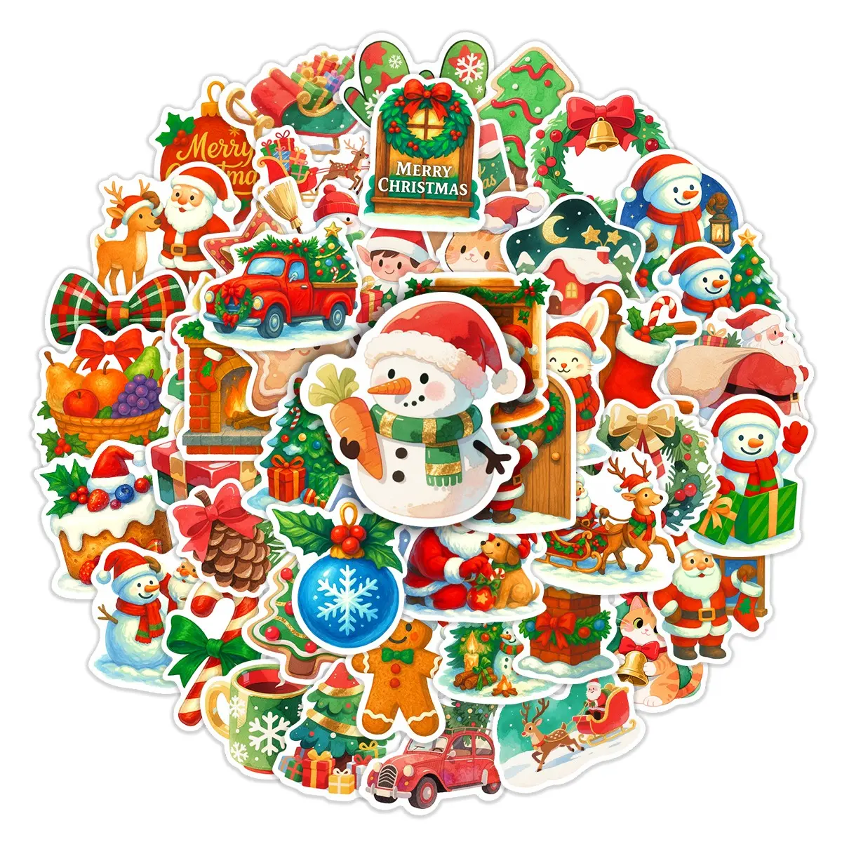 50pcs Cozy Watercolor Christmas Stickers Pack, Waterproof Warm Holiday Snowman & Classic Christmas Icon Decals for Laptop, Water Bottle, Journal & Scrapbook, Christmas & Cozy Winter Lover Gift