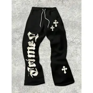 Plus Size Men's Cross & Letter Applique Drawstring Waist Sweatpants Going Out Street Wear Black Sweatpants, For Husband, Boyfriend Gifts pantaloons slacks  pants straight  fit  chinos  benjy  dad