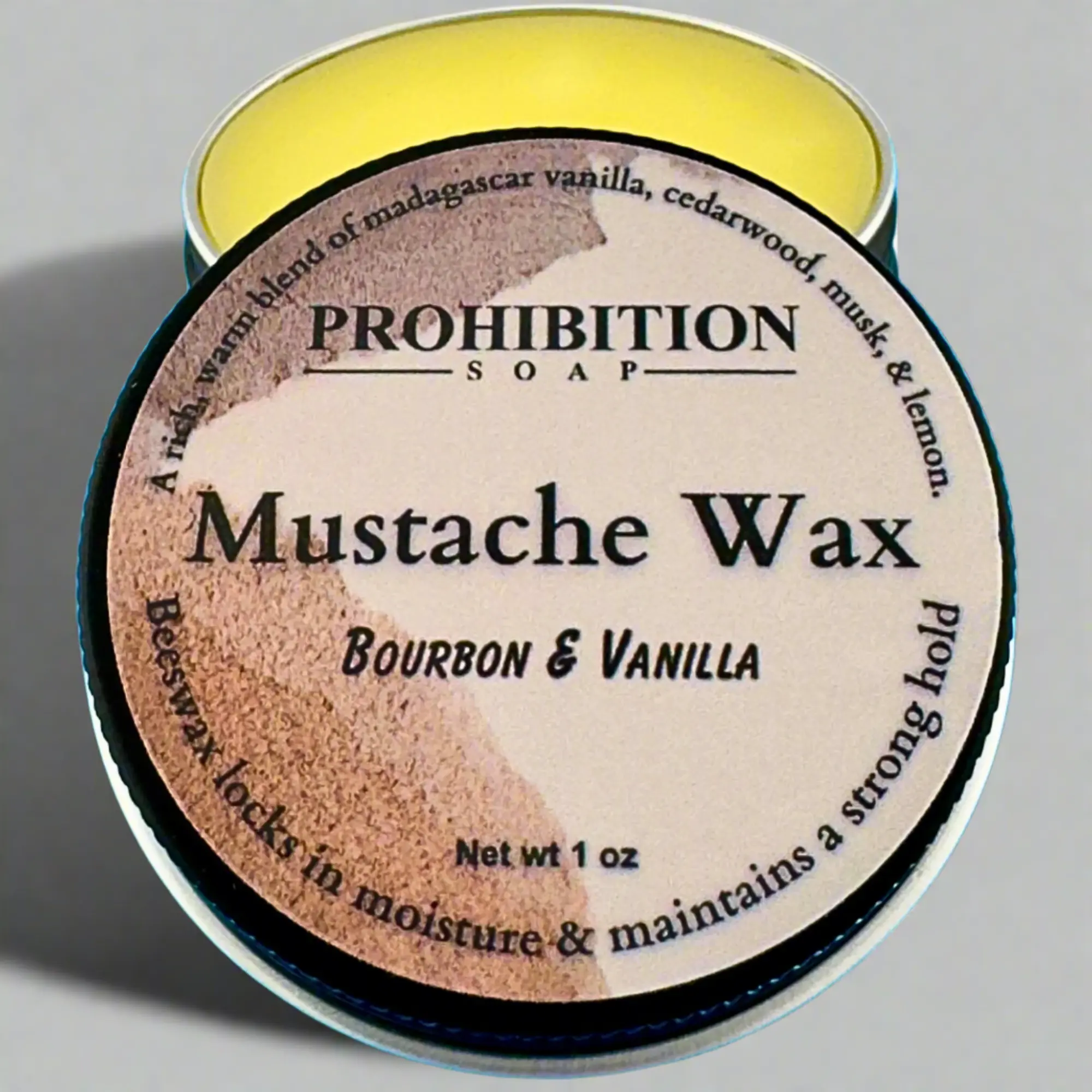 Prohibition Soap Strong Hold Mustache Wax, Moisturizing Formula with Jojoba, Castor & Lemon Oils, Bourbon & Vanilla Scent, 1 oz, Single Item, Scented, Blend