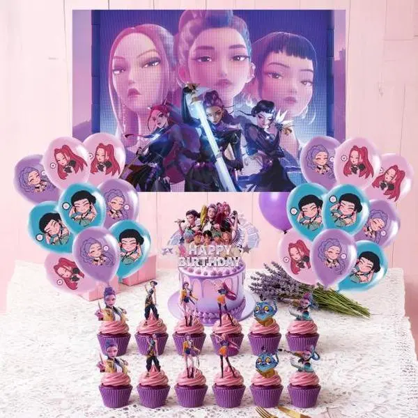 K-pop girl cartoon anime themed birthday decorations, including cake decorations, cupcake decorations, banners, balloons, etc., suitable for movie fans.
