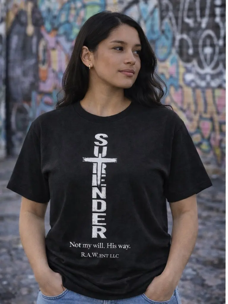 Surrender Unisex Crew Neck T-Shirt, Sports Top with Bold Print, Cross Layout Design for Sports & Outdoor Activities