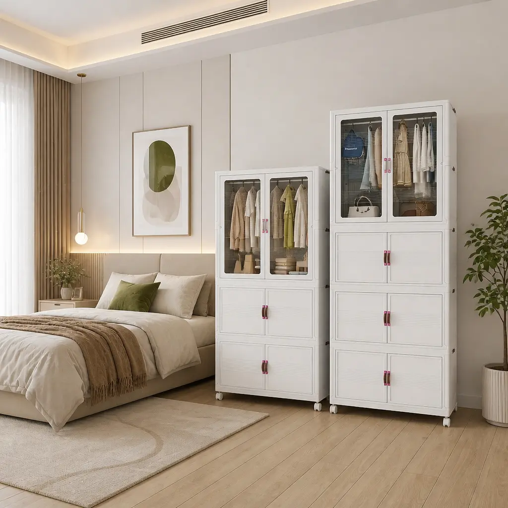 Large Capacity Foldable Plastic Wardrobe – Space Saving Closet Organizer with Magnetic Doors & Rolling Lockable Wheels