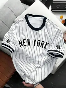 Men's New York Pinstripe Baseball T-Shirt, Striped Ringer Neck Casual Tee, Versatile Casual Base Shirt, Comfortable Sports Top,  Designed In American Street And High Street Styles, Suitable For Daily Wear, Men's Summer Top