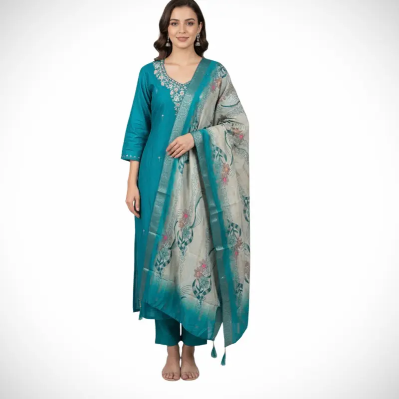 Women's Plus Size Designer Silk Kurta Sets - Embroidered Details, Full-Length, Matching Dupatta, Formal Occasion Clothes