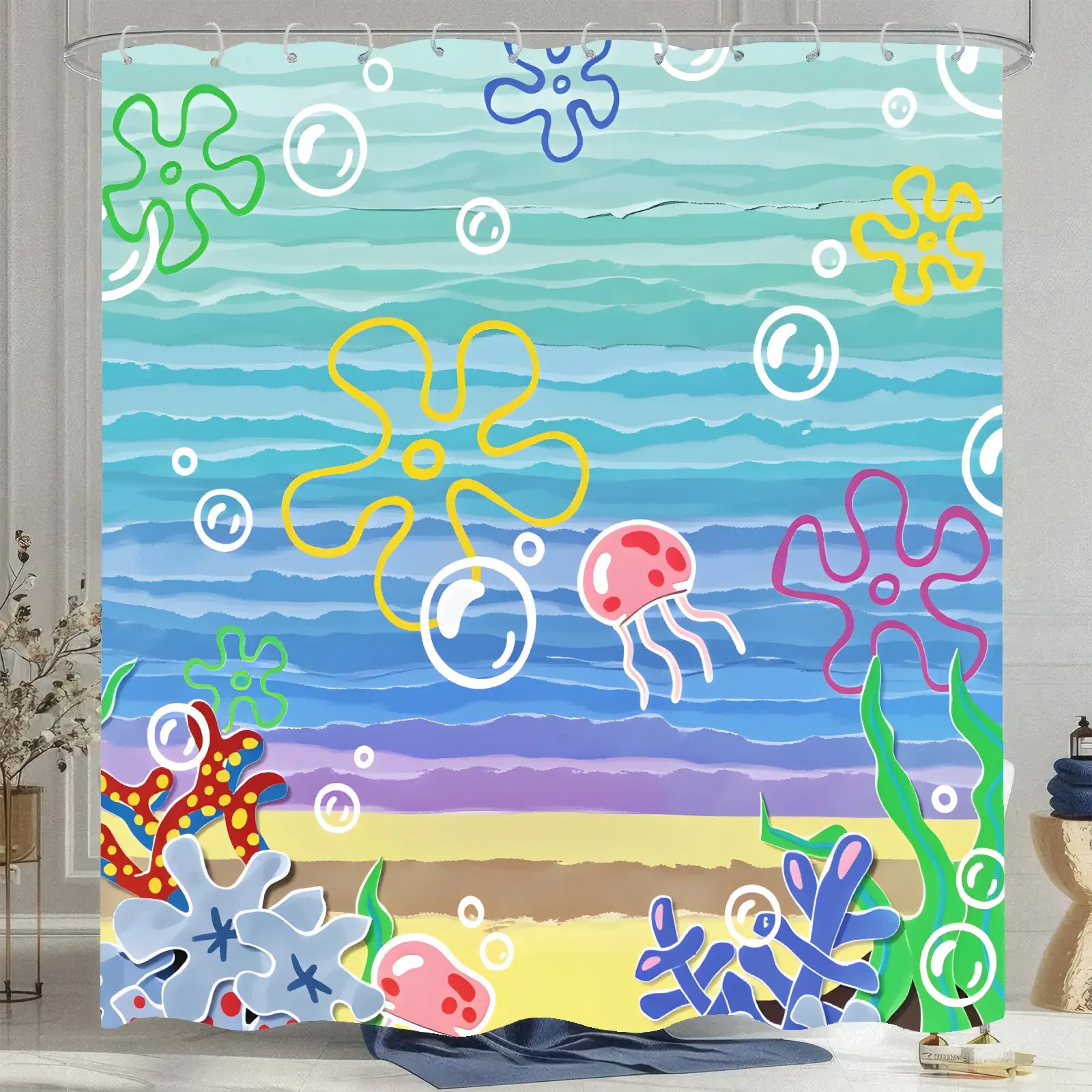 【Summer Vibes】Cute Cartoon Beach Ocean Shower Curtain, Funny Sea Ocean Anime Bathroom Curtain,Funny Cute Waterproof Fabric Shower Curtains for Bathroom