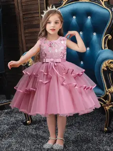 Girl's Floral Embroidery Ruffle Trim Tiered Layer Tulle Dress, Elegant Bow Decor Sleeveless Round Neck Party Dress for Performance Wedding Guest, Kids Clothes for All Seasons, Embroidered Tulle Dress, Ruffled Dress