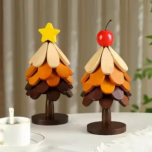This Christmas tree-shaped decoration consists of five foldable wooden coasters, topped with star and apple patterns. It makes a holiday gift, home decoration, Nature Ornaments, and can also be used as a heat-resistant mat, pot holder