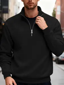 Men's Casual Round Neck Half-Zip Sweatshirt, Fleece Lined Warm Quarter Zip Design, Long Sleeve Pullover for Spring & Summer