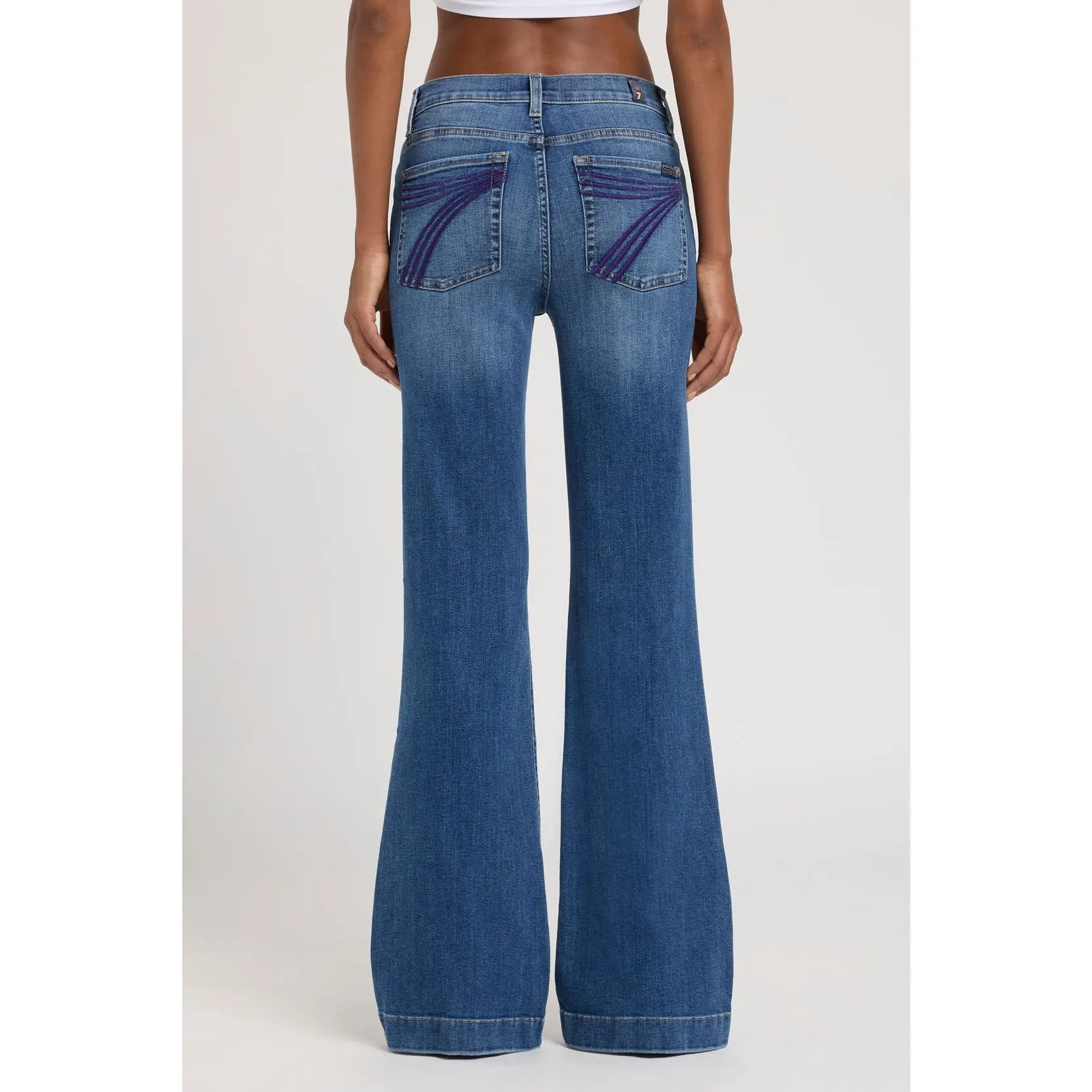7 For All Mankind Women's Dojo Classic Flare Jeans in Marsh Amethyst, Full Length Cotton Stretch Pants with Deep Purple Stitching, Elastane, Rise: 9 1/4", Casual, Cold Wash, Bottom, Denim, Bell Bottoms Jeans, Basic