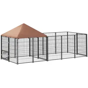 PawHut Dog Kennel Outside, Large Outdoor Dog Kennel Run with Rotating & Adjustable Height Bowls, Waterproof & UV-Resistant Canopy, Welded Wire Pet Enclosure Playpen, 11.3' x 4.7' x 5.1'