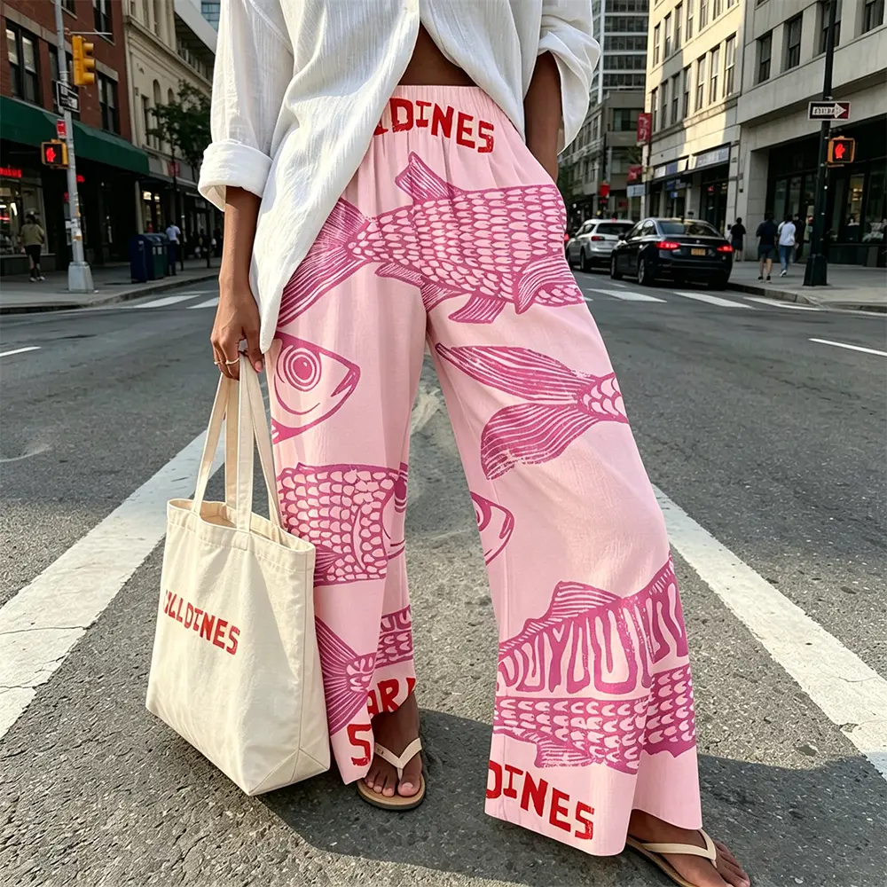 New launching 30% linen and 70% rayon. Sardine Pants ,Elastic pants ,Vacation Ukiyoe Style ,Sardine wide leg Print Pants, Elastic Waistband, Comfortable Holiday Wear