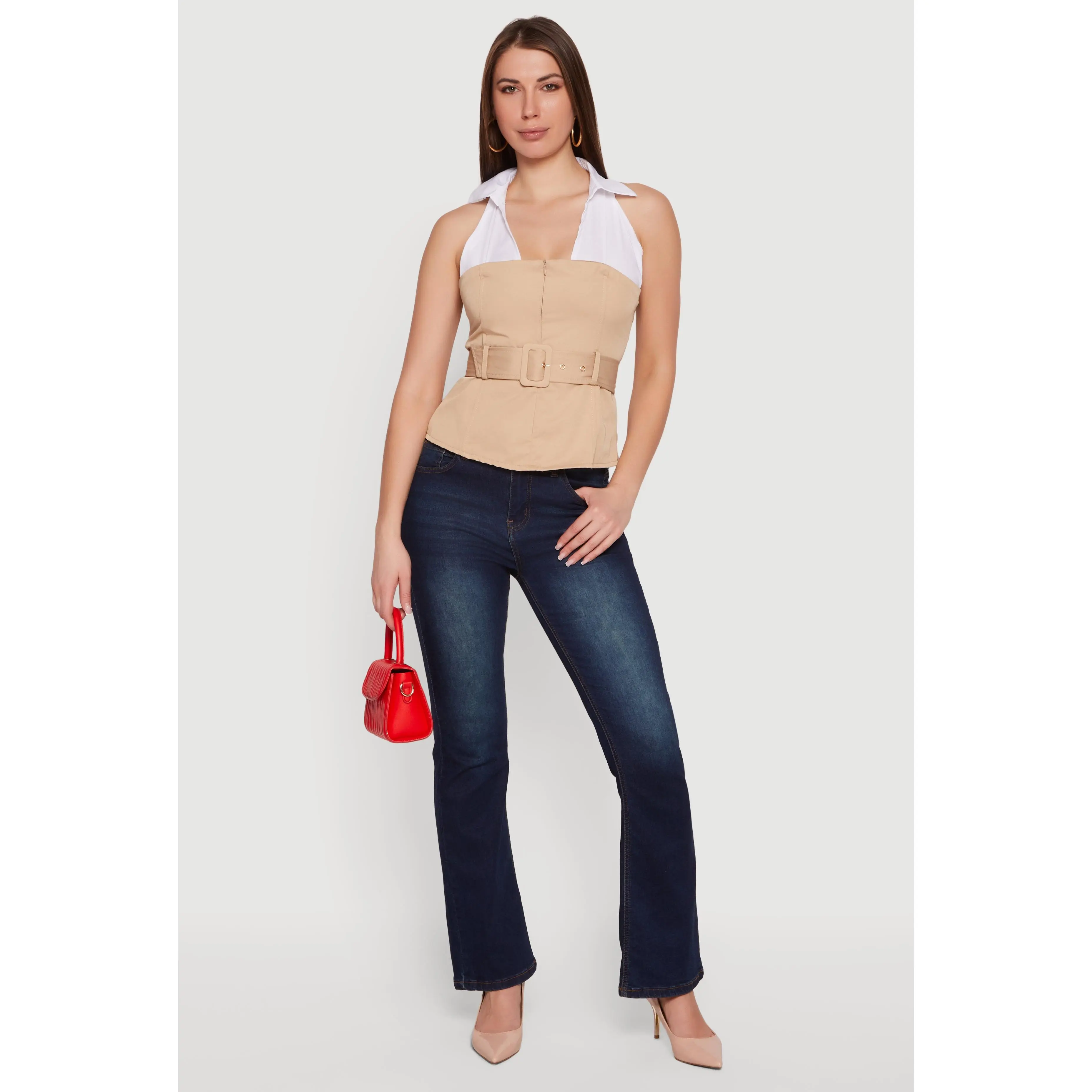 Belted Collared Sleeveless Top
