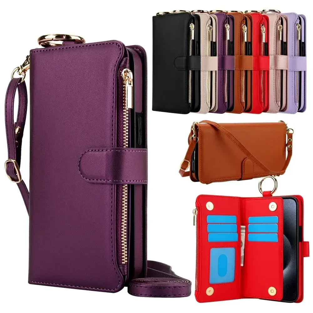 Card Slots Zipper Leather Wallet Case Flip Phone Case for IPhone 17 Air 16 15 14 13 12 11 Pro Max Plus Promax Ring Lanyard Purse