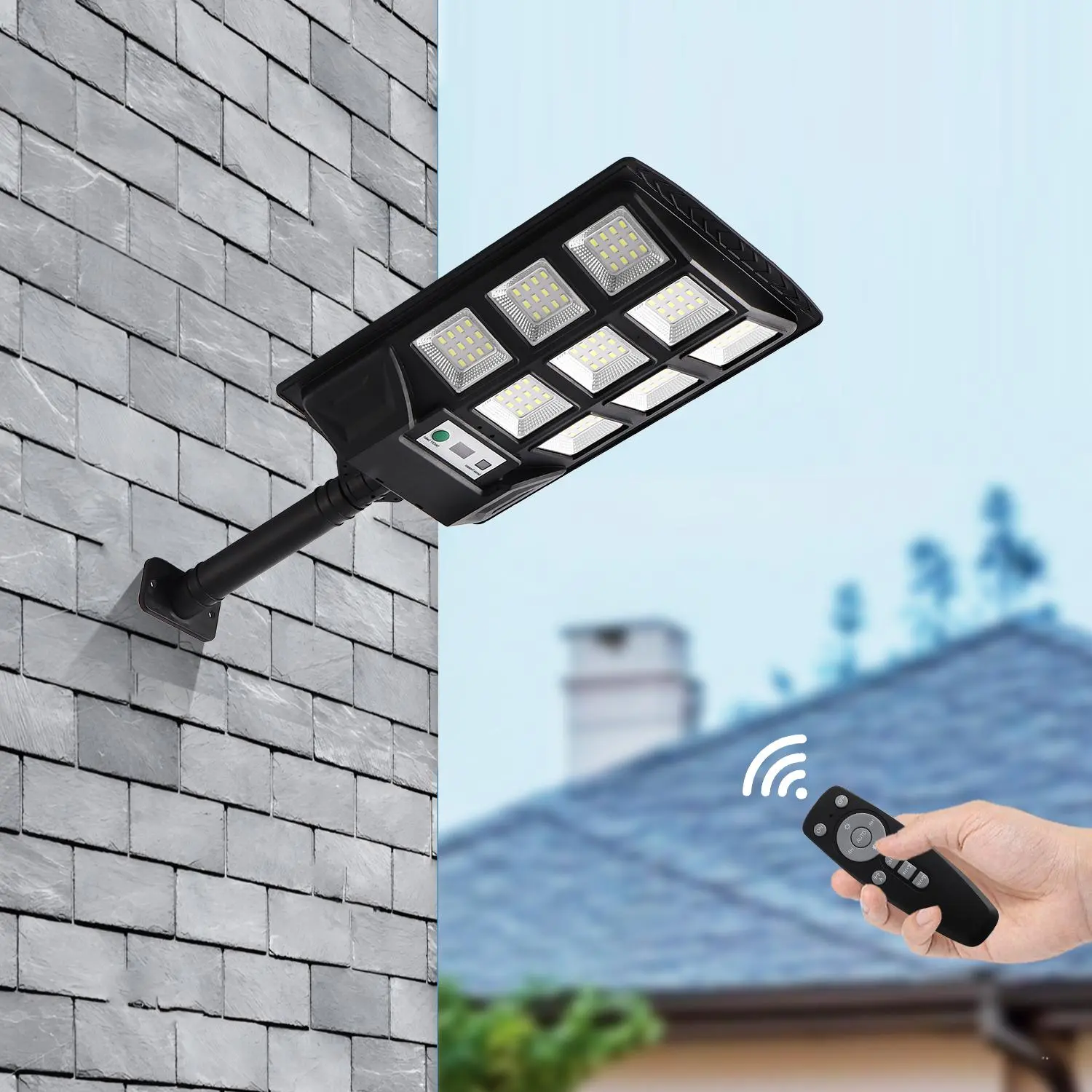Solar Powered Outdoor Light, Waterproof LED Solar Powered Motion-Sensor Flood Light with Remote Control, Outside Landscape Exterior Wall Light for Patio Yard Deck Garden