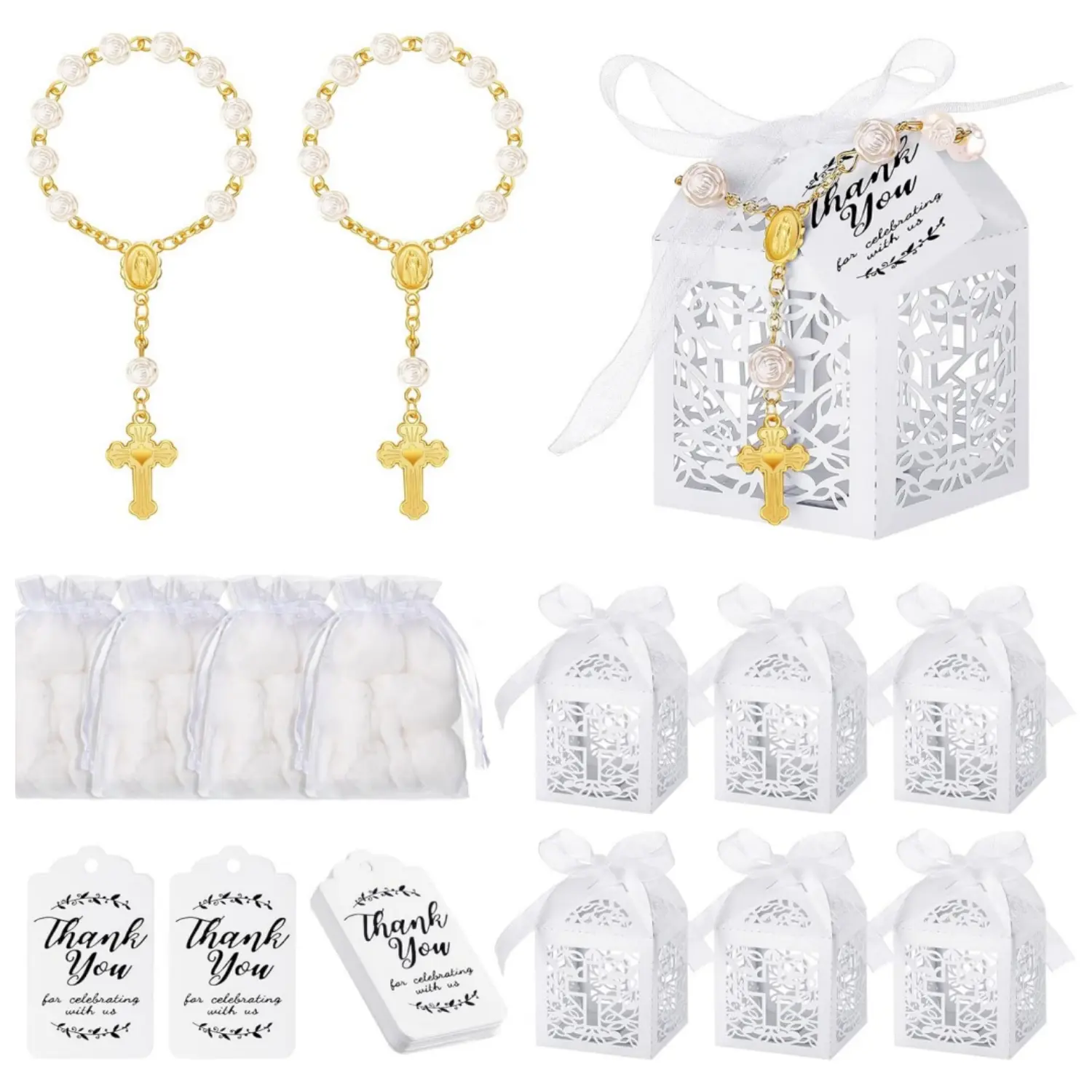 100PCS Baptism Favors Set Includes 25pcs Mini Rosary, 25pcs Laser Cut Baptism Favor Boxes, 25pcs White Organza Bags and 25pcs Thank You Tags for Birthday Party Gifts Wedding Party Supplies