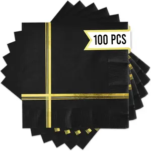 Set of 100 Black and Gold Disposable 5x5 Inch Cocktail and Dessert Napkins with Gold Trim, Perfect for Weddings, Parties and Events